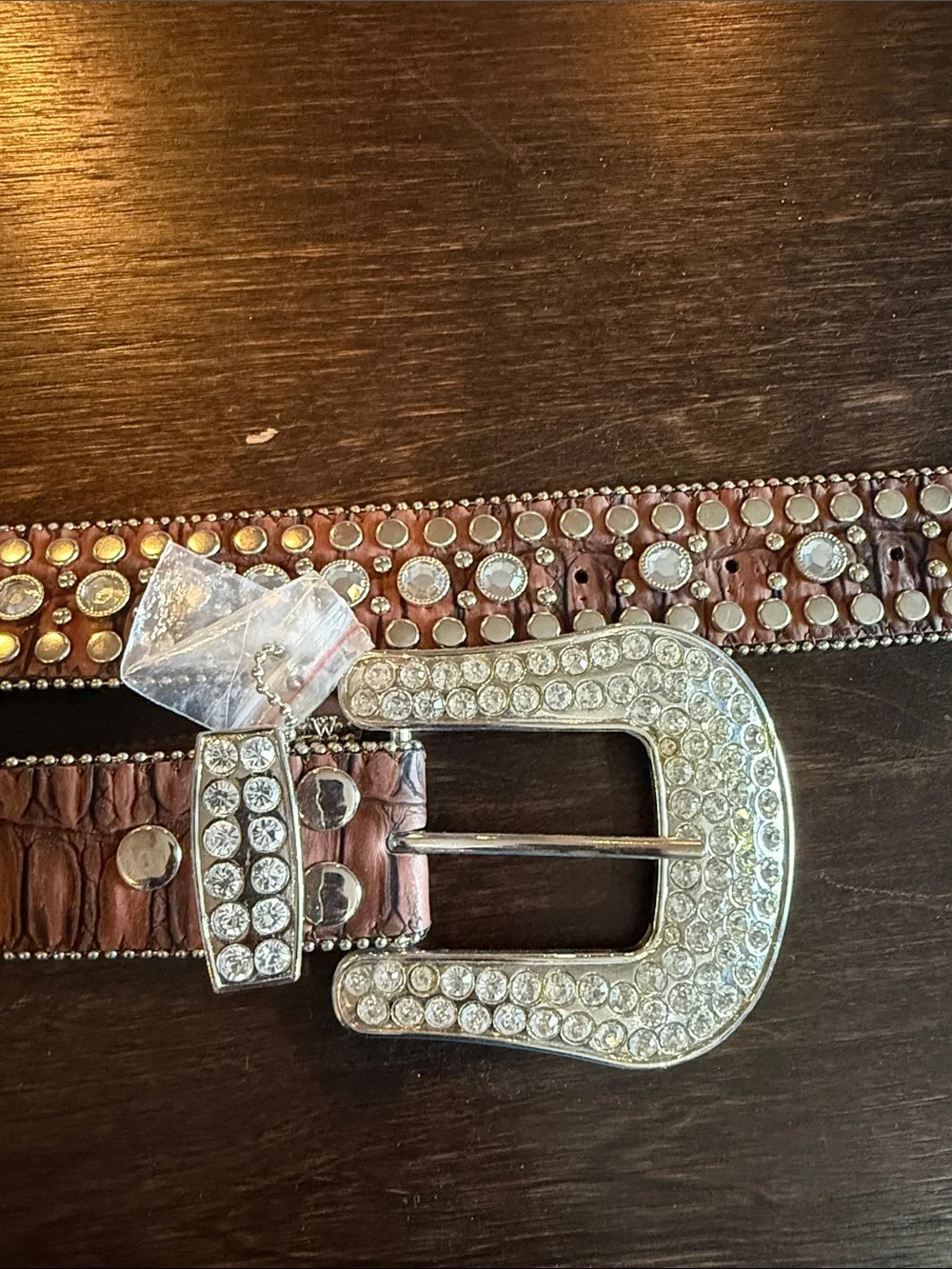 Crystal-Embellished Brown Leather Belt with Rhinestone Buckle